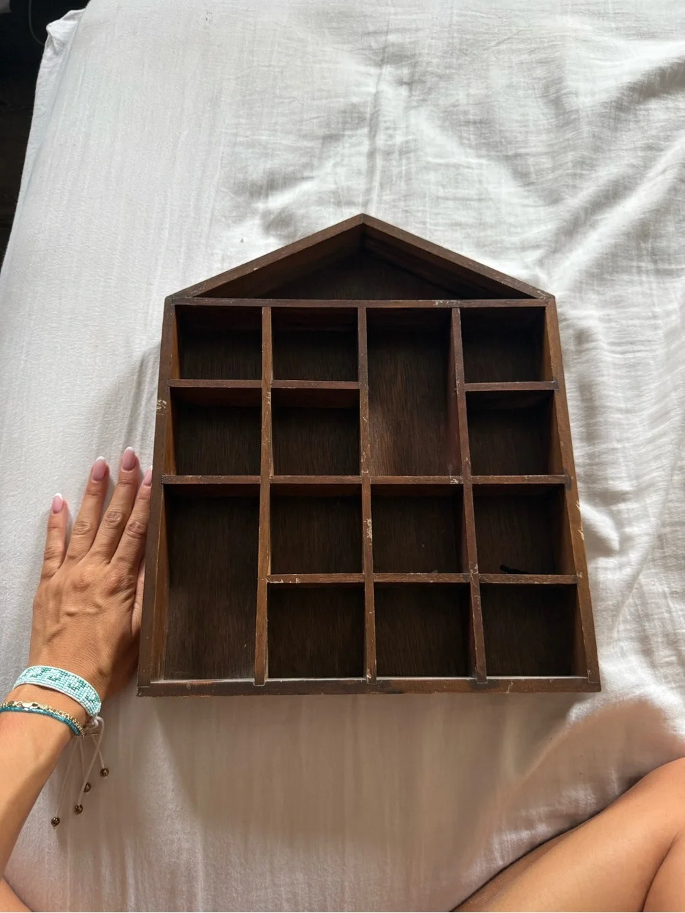 Vintage Wooden House-Shaped Display Shelf in Brown